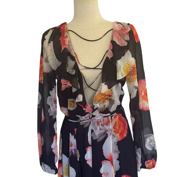 GB GIANNI BINI FLORAL PLUNGE CRISS CROSS MAXI DRESS IN BLACK PRE-OWNED MEDIUM - Picture 5 of 14